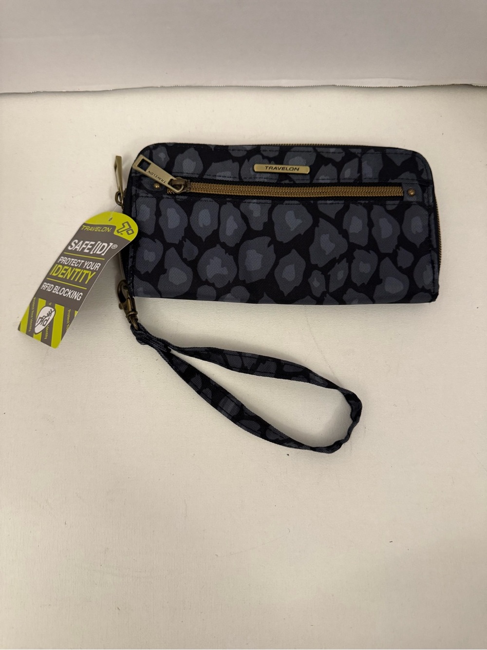 Travelon Navy and Dark Gray Leopard Print Wristlet Wallet